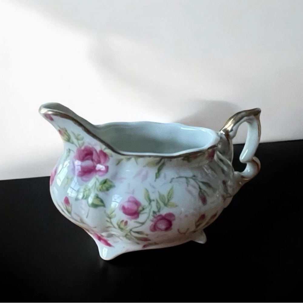 Vintage Lefton Rose Creamer Gold Trim Hand Painted Japan 1950s Cottagecore.